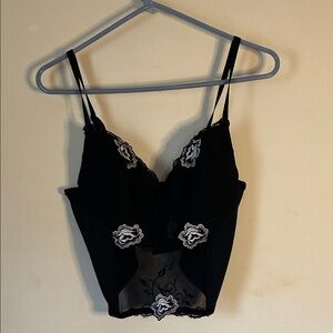 Donna Loren Black Lace Floral Appliqué Bustier Top